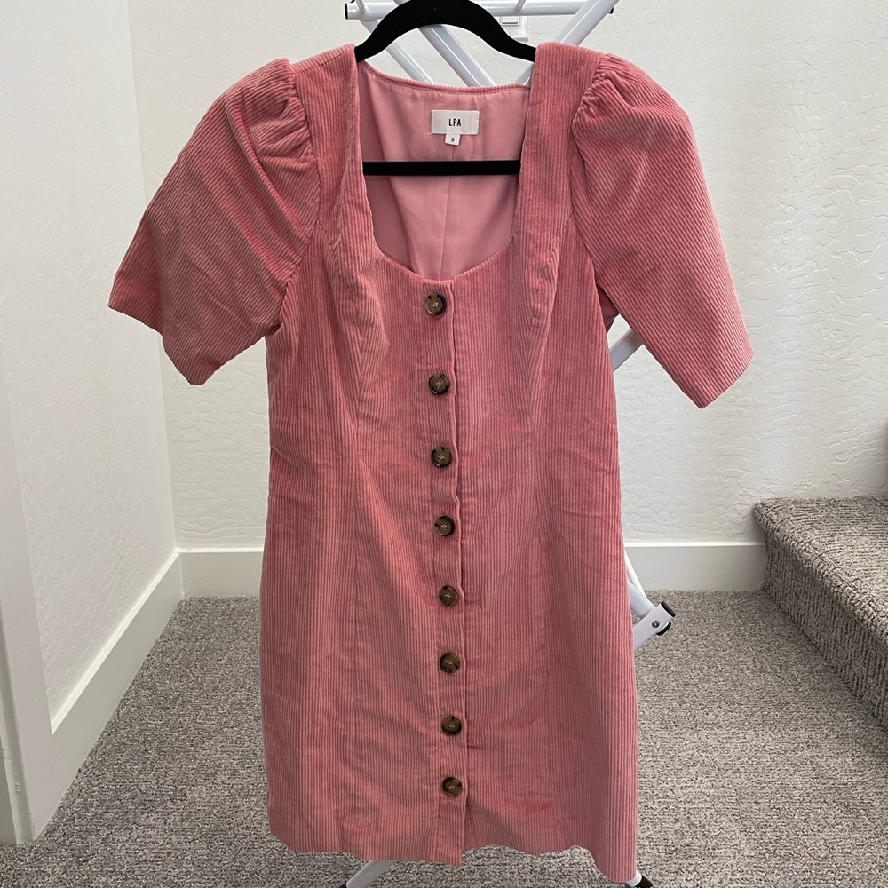 LPA Pink Corduroy Button-Front Mini Dress